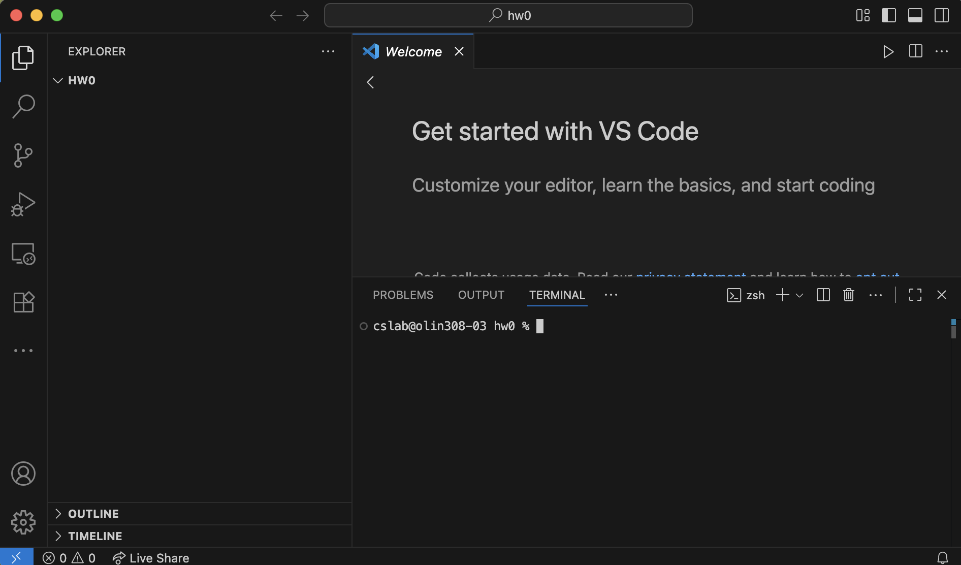 Screenshot of VSCode with the empty hw0 folder open