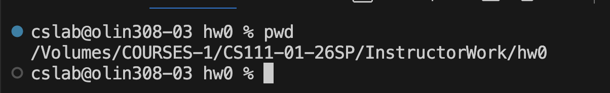 Screenshot of VSCode terminal with the pwd command output showing /Volumes/COURSES/CS111-01-26SP/InstructorWork/hw0