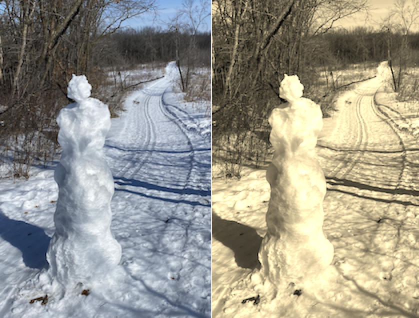 image of a snowman next to the same image in sepia tones